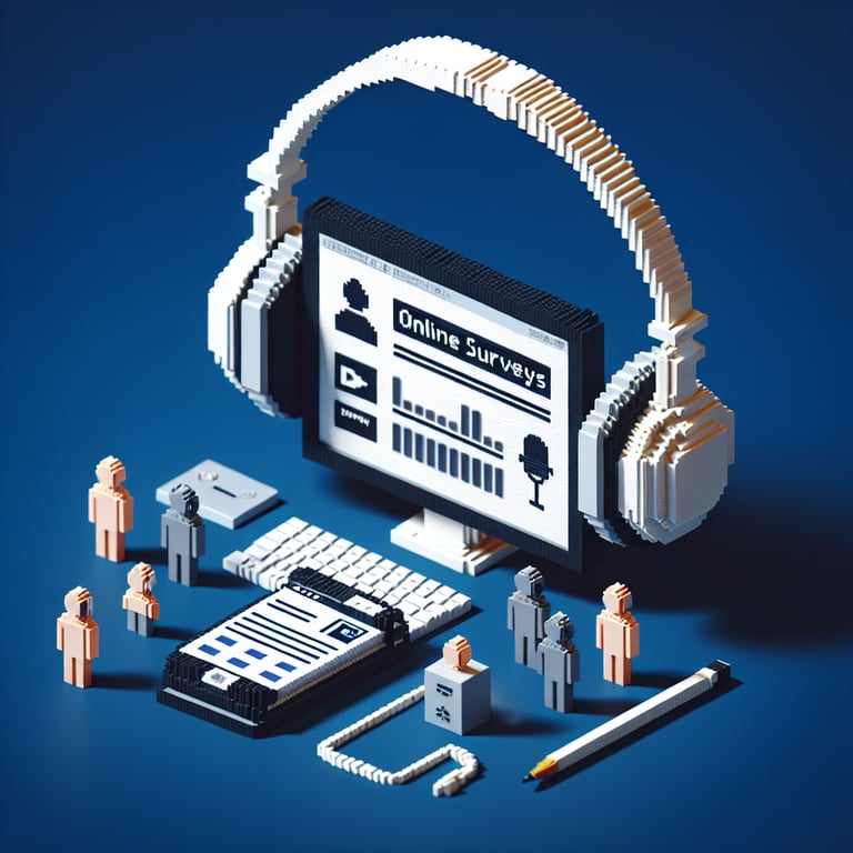 3D voxel art illustrating the concept of online audio surveys on a dark blue background.