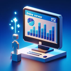 3D voxel art depicting online feedback surveys, with a dark blue background.