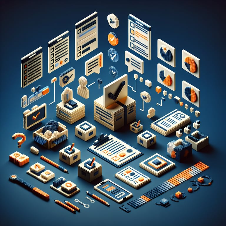 3D voxel art depicting online surveys concept, with a dark blue background, for nonprofit needs.