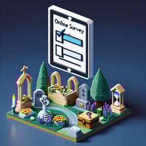 3D voxel art depicting online survey concept on a dark blue background, themed around funeral home services.