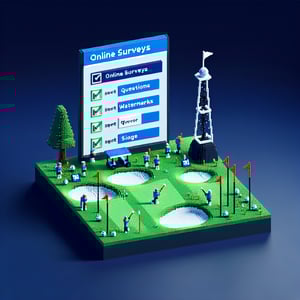 3D voxel art of online survey icon with golf elements on a dark blue background.