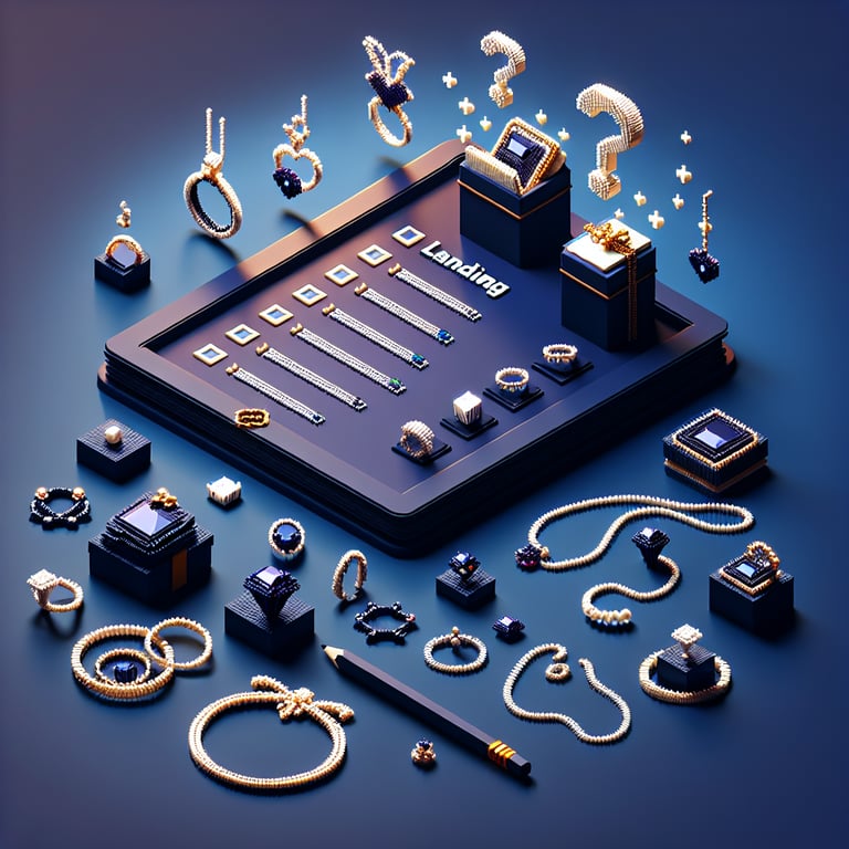 3D voxel art depicting online jewellery survey concept on a dark blue background.