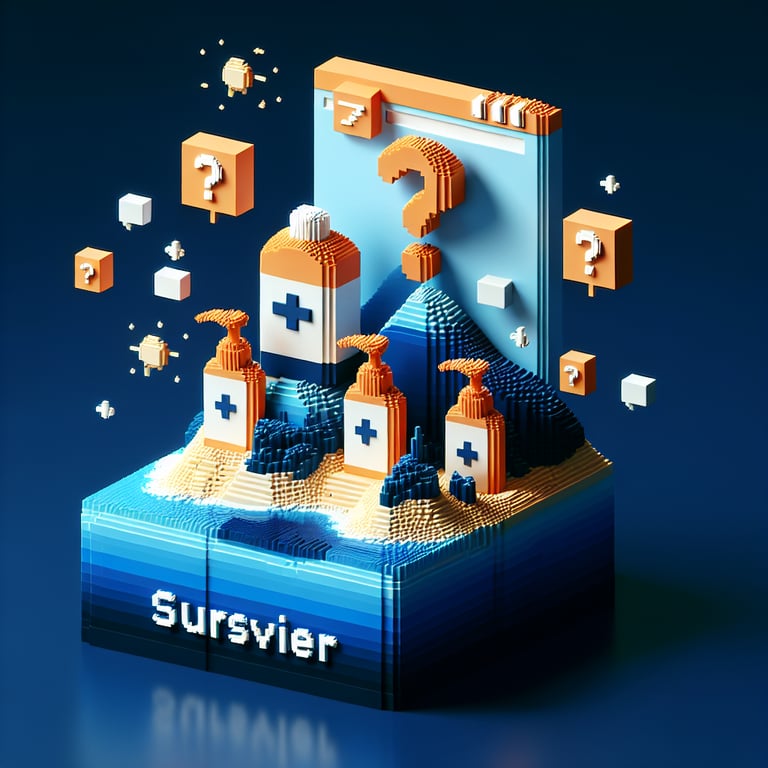 3D voxel art depicting online survey concept, themed around sunscreen use, on a dark blue background.