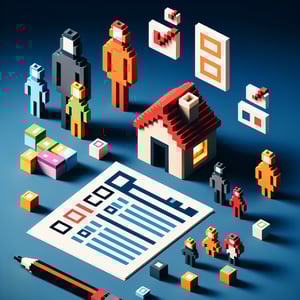3D voxel art illustrating online family structure survey process on a dark blue background.