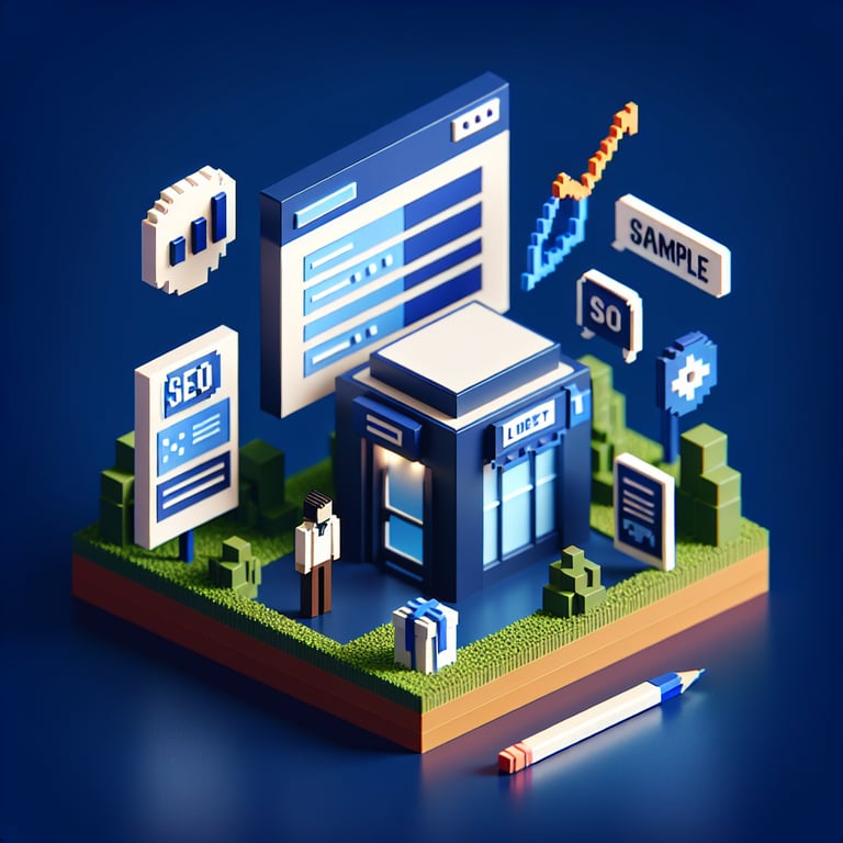 3D voxel art depicting online surveys concept on a dark blue background for SEO marketing.