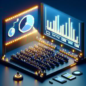 3D voxel art depicting online cinema surveys against a dark blue background.