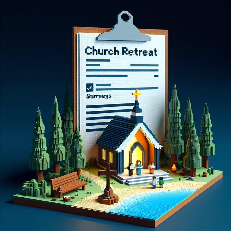 3D voxel art depicting online church retreat survey concept on a dark blue background.