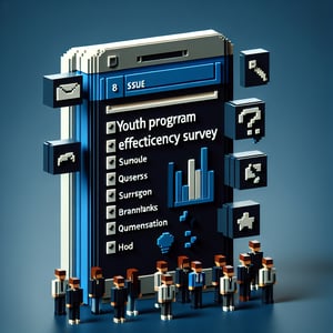 3D voxel art depicting online surveys for assessing youth program effectiveness on a dark blue background.