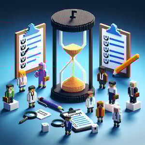 3D voxel art illustrating the concept of online degree completion time surveys on a dark blue background.