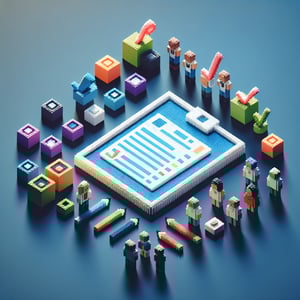 3D voxel art depicting online feedback surveys with a dark blue background.