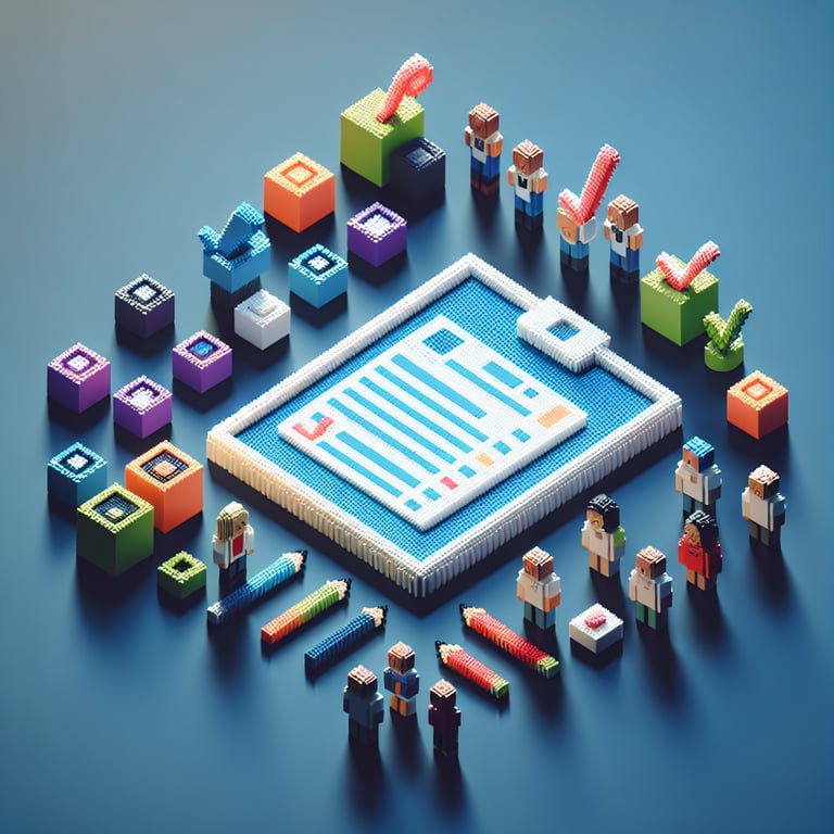 Artistic 3D voxel illustrating facilitator feedback survey engagement motifs