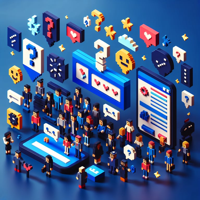3D voxel art depicting the concept of online 'get to know me' surveys on a dark blue background.