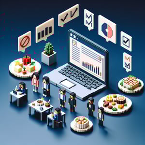 3D voxel art depicting the concept of online food product evaluation surveys on a dark blue background.