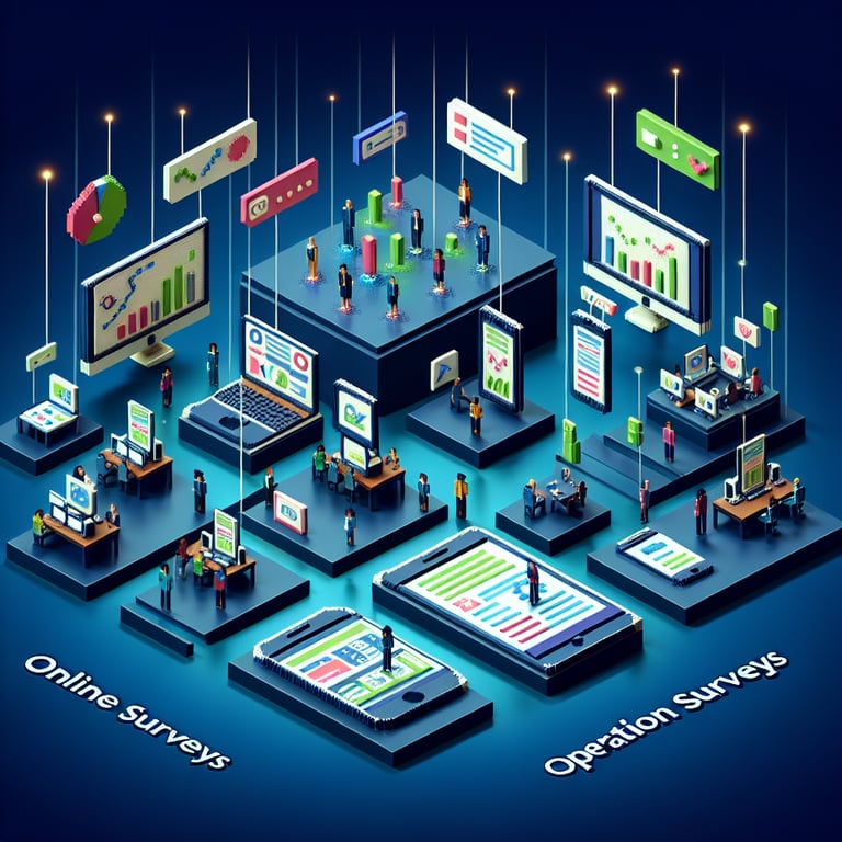 3D voxel art depicting online operations surveys against a dark blue background.