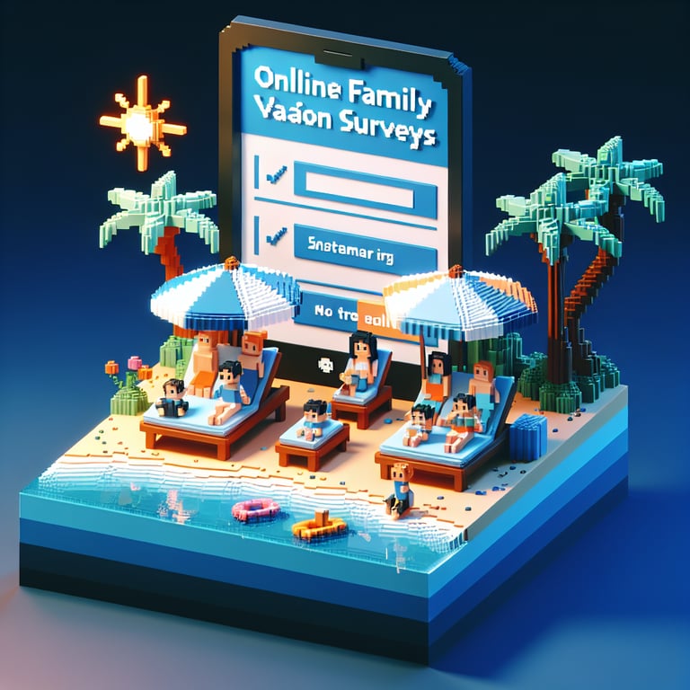 3D voxel art depicting online family vacation survey concept on a dark blue background.