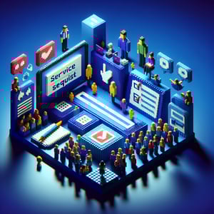 3D voxel art depicting the concept of online service request surveys on a dark blue background.