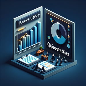 3D voxel art depicting online executive surveys, featuring engaging elements on a dark blue background.