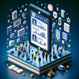 3D voxel art depicting online book club survey concept on a dark blue background.