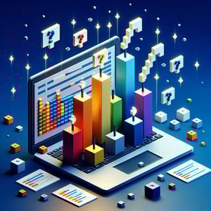 3D voxel art depicting online surveys and questions on a dark blue background, suitable for a website landing page.
