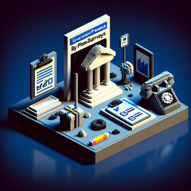3D voxel art depicting a phone with floating question marks, symbolizing government phone surveys.