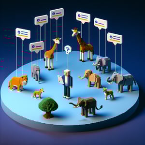 3D voxel art depicting online zoo surveys on a dark blue background.