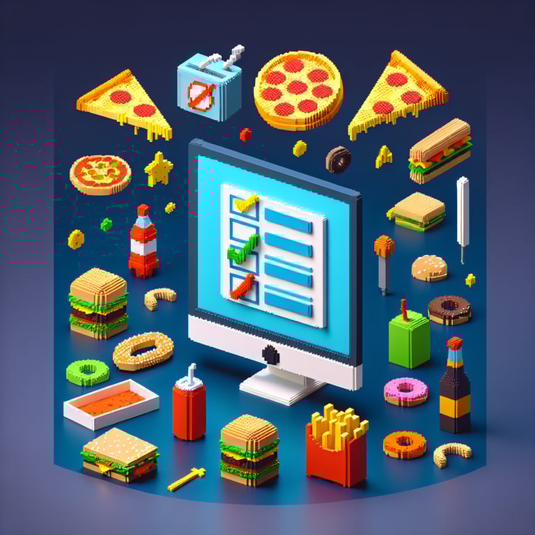 3D voxel art depicting an online survey concept with junk food items, set against a dark blue background.