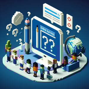 3D voxel art depicting online surveys, emphasizing culturally responsive questions for students.