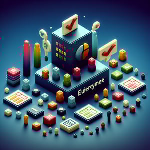3D voxel art depicting the concept of top 10 employee surveys on a dark blue background.