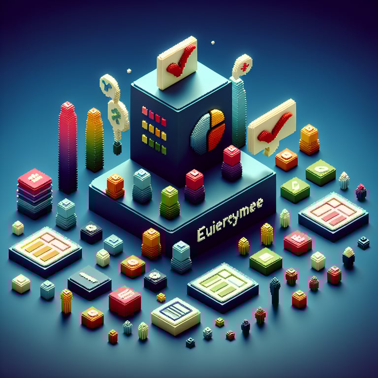3D voxel art depicting the concept of top 10 employee surveys on a dark blue background.
