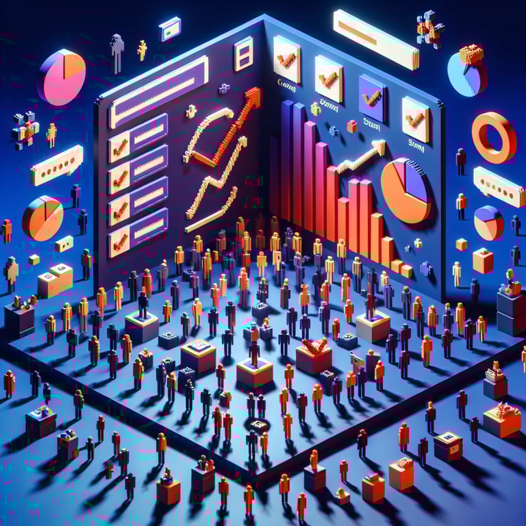 3D voxel art depicting online surveys, representing consumer perceptions towards company surveys on a dark blue background.