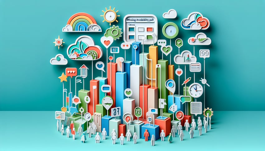 Paper-cut style illustration of a free scheduling poll with dates, times, and time zones elements.