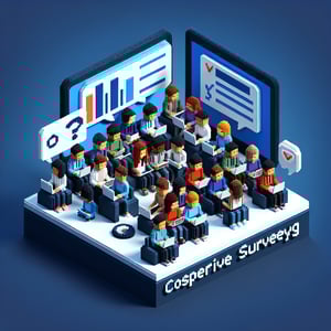 3D voxel art depicting online student surveys on a dark blue background, symbolizing cooperative learning.
