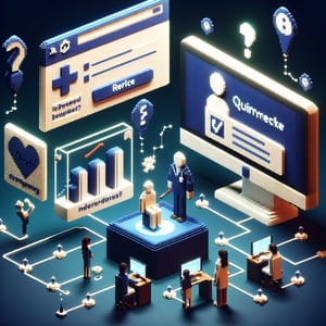 3D voxel art depicting online patient satisfaction survey with a dark blue background.