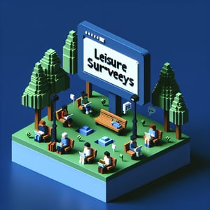 3D voxel art depicting the concept of online leisure surveys on a dark blue background.