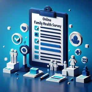 3D voxel art depicting online family health survey concept on a dark blue background.