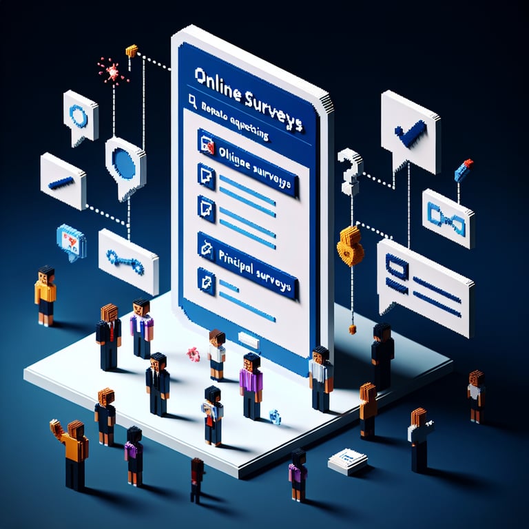3D voxel art depicting online surveys, symbolizing questions teachers may ask principals in surveys, on a dark blue background.