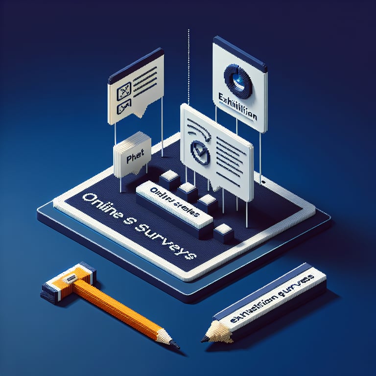 3D voxel art depicting online exhibition survey process on a dark blue background.