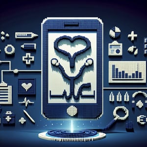 3D voxel art depicting online health surveys on a dark blue background.