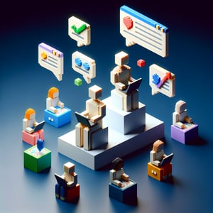 3D voxel art depicting the concept of online customer surveys on a dark blue background.