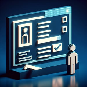 3D voxel art depicting online unemployment survey questions on a dark blue background.
