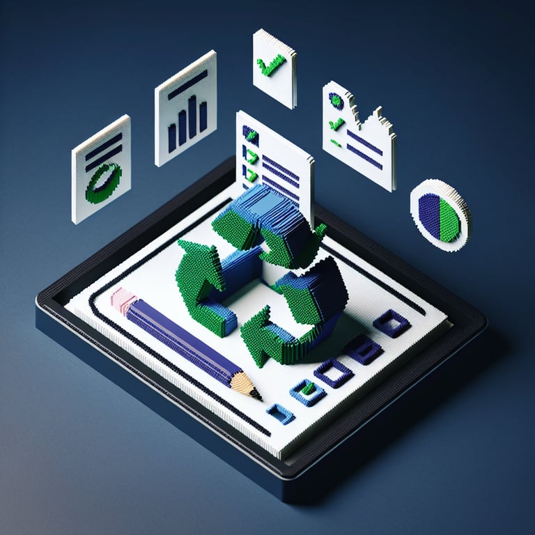 3D voxel art depicting online survey concept with recycling symbol, set against a dark blue background.