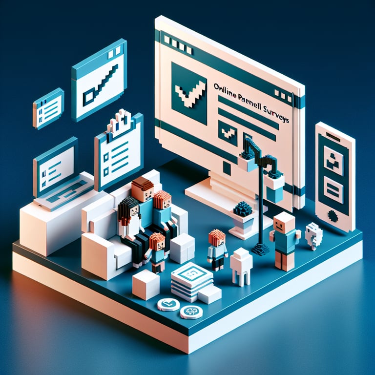 3D voxel art depicting online survey concept on a dark blue background for BYOD parent surveys.