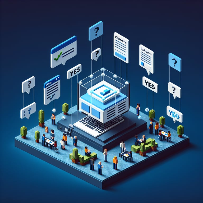 3D voxel artwork illustrating release metrics, configuration checklists, and deployment survey insights