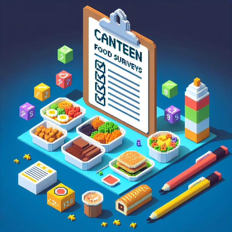 Vibrant 3D voxel art showing meal feedback survey checklist