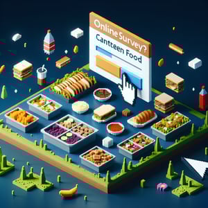 3D voxel art depicting online canteen food surveys with a dark blue background.