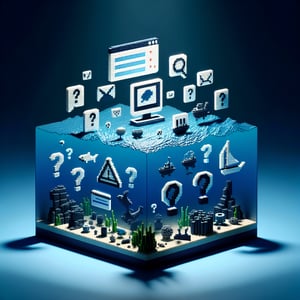 3D voxel art illustrating online marine pollution surveys on a dark blue background.