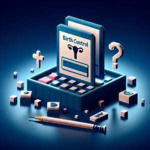3D voxel art depicting online birth control survey theme on a dark blue background.