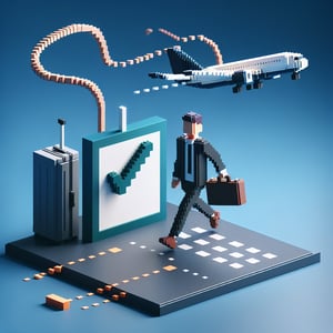 3D voxel art depicting online corporate travel surveys with a dark blue background.