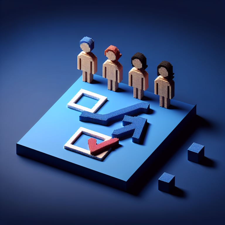 3D voxel art depicting an online survey on gender, set against a dark blue background.