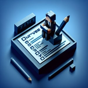 3D voxel art depicting online job application surveys on a dark blue background.